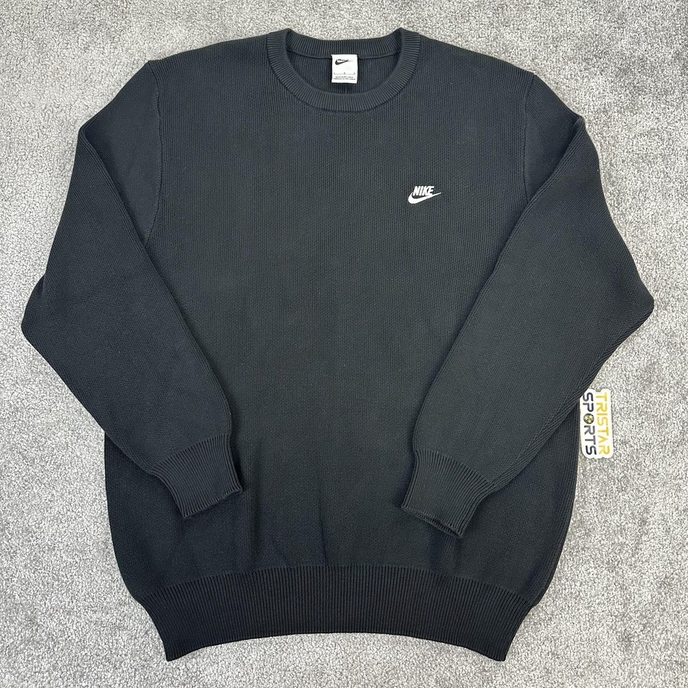 Nike Sweater Mens Large Black Crewneck Knit Cotton Pullover Swoosh FQ2912-010